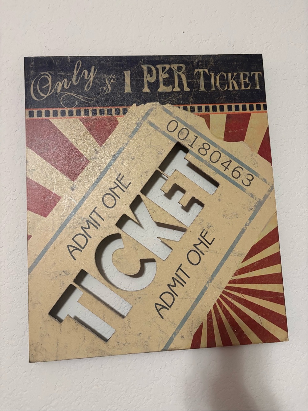 Vintage Ticket Admit One Wall Art - Red and Cream